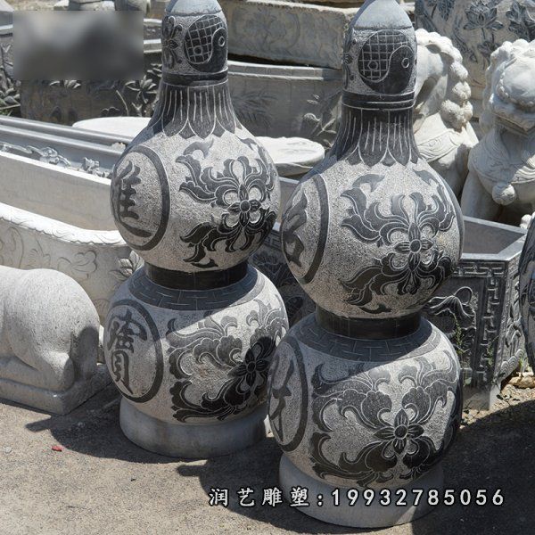 招财进宝葫芦石雕,青石葫芦雕塑 (2)