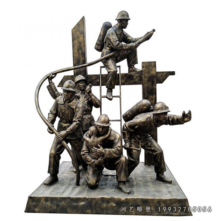 消防员雕塑玻璃钢仿铜消防人员灭火救火示范基地公园户外装饰摆件33743