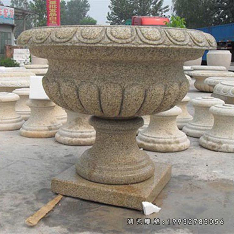 芝麻灰花盆，石头花盆雕塑，石雕花盆雕塑