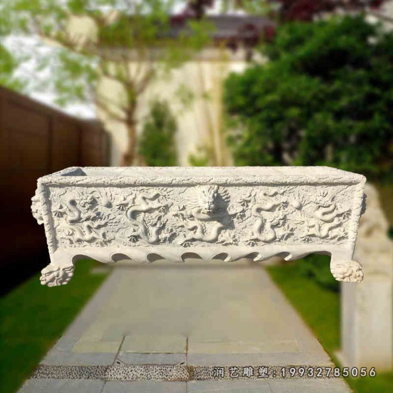 长形水缸石雕,龙浮雕水缸 (2)
