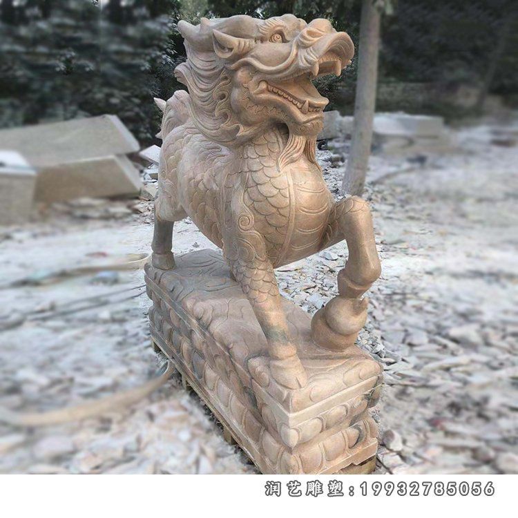 坐式麒麟石雕 晚霞红麒麟雕塑 (5)