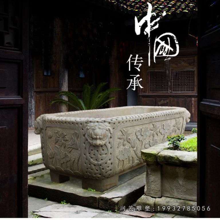 莲花浮雕水缸 长方形石水槽 (2)