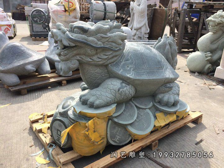 青石铜钱龙龟石雕,石雕招财龙龟