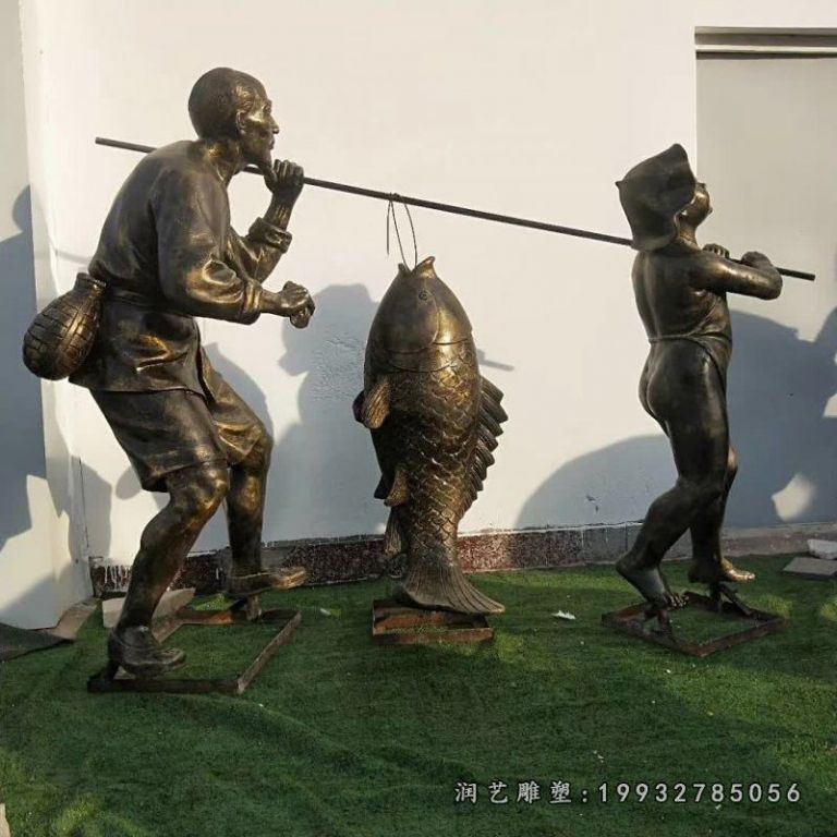 草坪挑鱼鱼文化人物铜雕 (3)